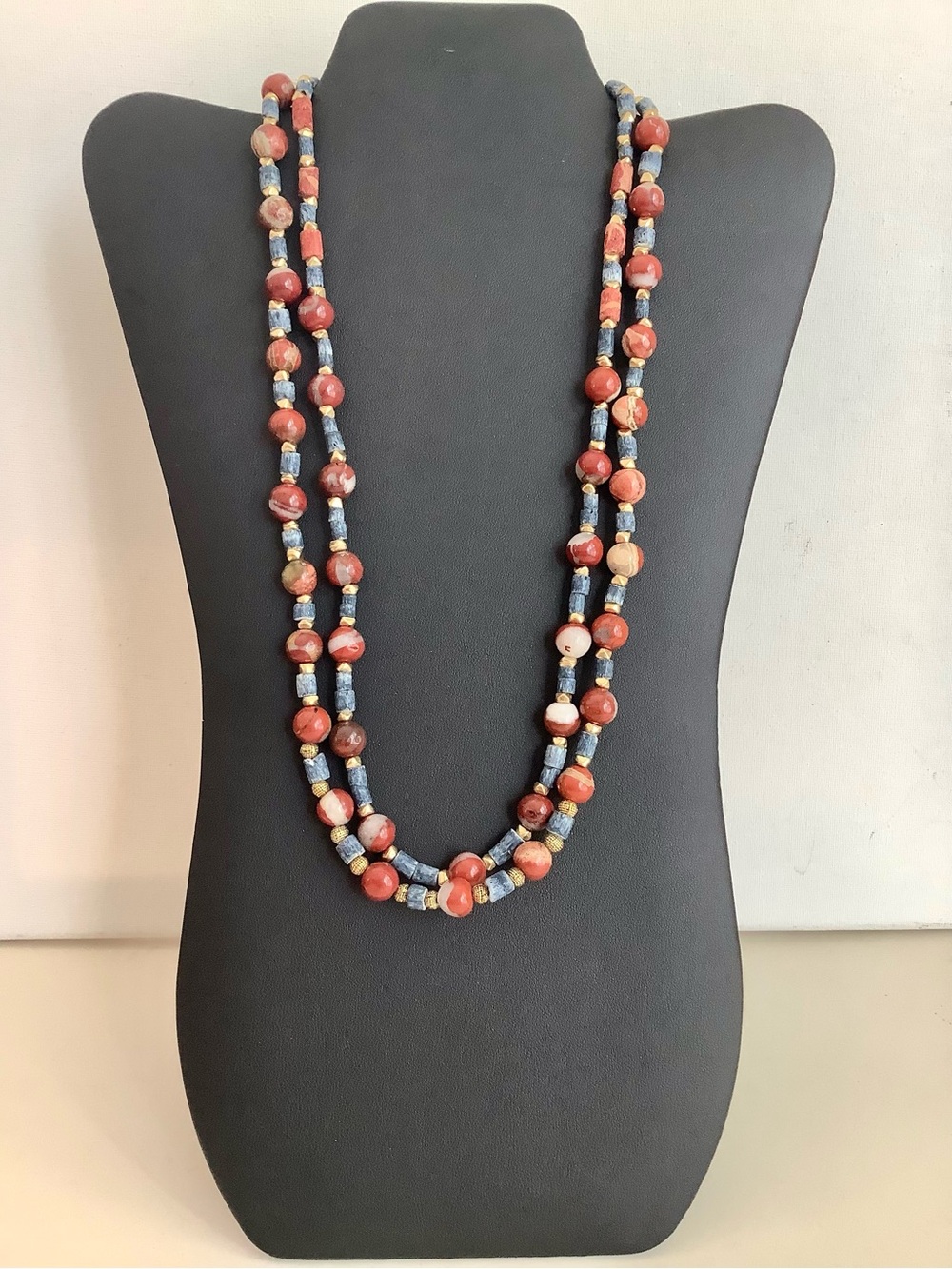 Double-Strand Red and Blue Beaded Necklace